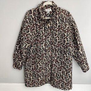 Euro Joy Zip Up Silk Blend Button Up Animal Print Jacket Collar Drawstring Med